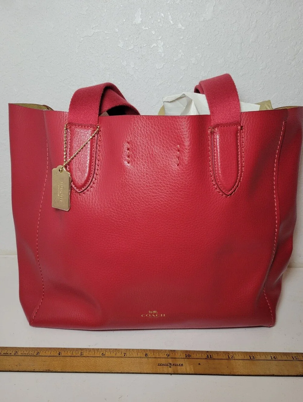 Coach Red Pebbled Derby Tote Shoulder Bag Gold Logo Magnetic Close Lined Pockets